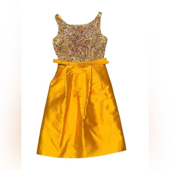 🎉 AIDAN MATTOX sequin fit & flare mini yellow speckle dress with pockets size 8 - Picture 1 of 8